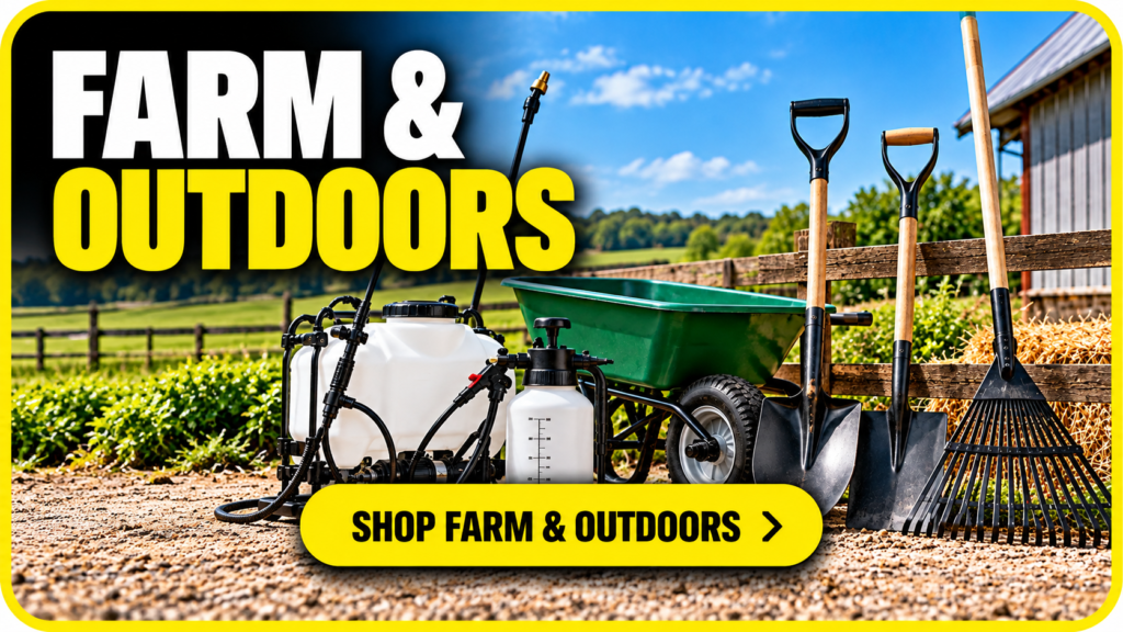 Farm and outdoor supplies including sprayers, wheelbarrow and garden tools