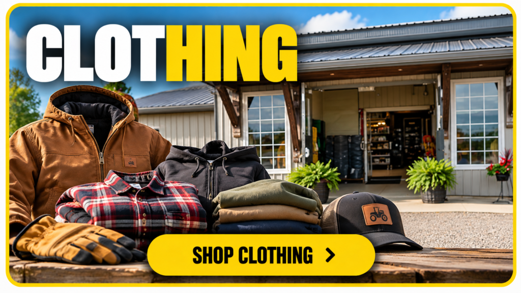 Farm and outdoor workwear clothing including jackets, shirts, hoodies and work gloves