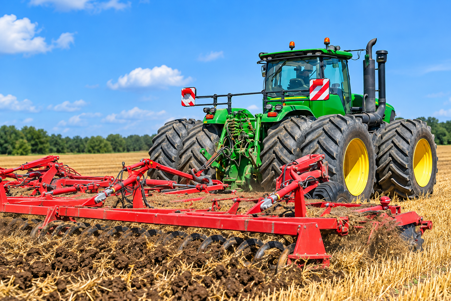 Farm tractor pulling an agricultural tillage implement in a field