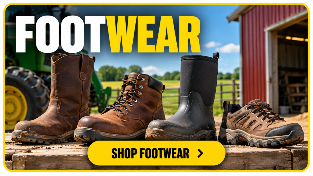 Farm and outdoor work footwear including work boots and rubber boots