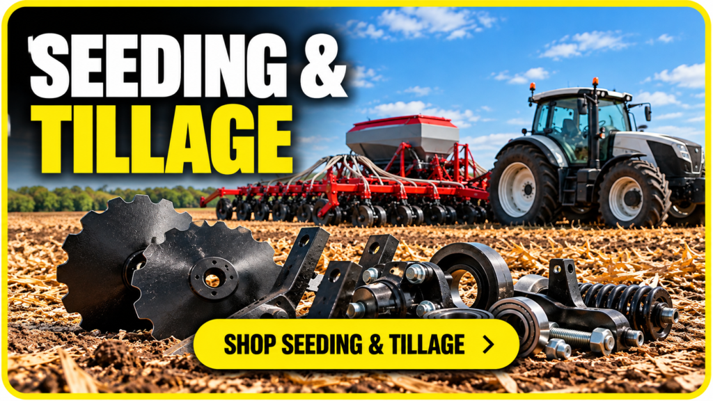 Agricultural seeding and tillage equipment working in a field